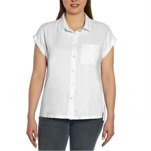 Orvis White Linen Blend Button Front Short Sleeve Top
